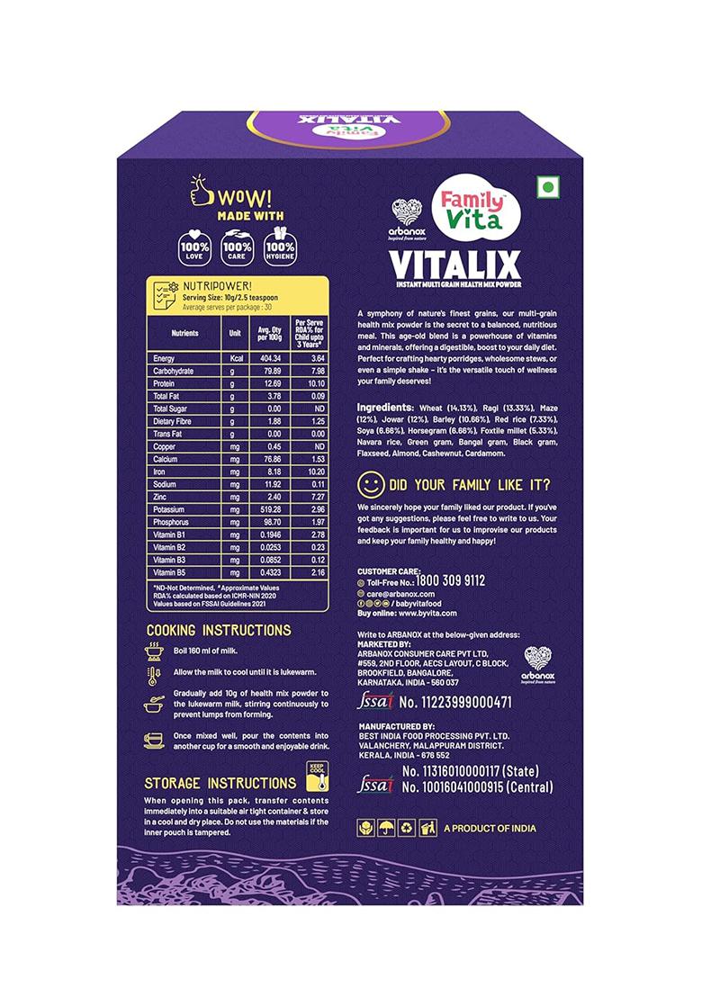 Arbanox Family Vita Vitalix Instant Multi Grain Health Mix Powder|17 Powerful Wellness Ingredients| Trusted By Millions|100% Natural| No Preservatives Or Added Sugar| Convenient & Nutritious| 300Gm