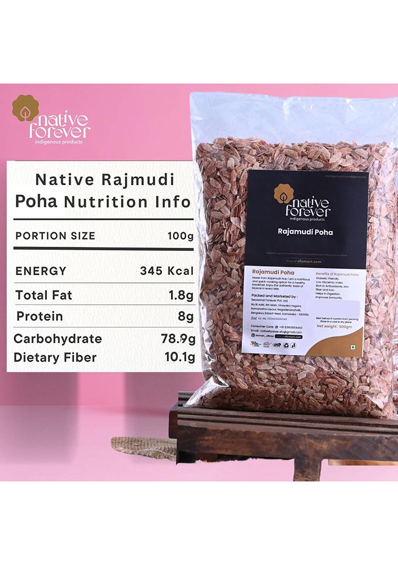 Native Forever Red Poha Thick 1Kg (2X500G) | Rajmudi Red Rice Poha, Avalakki, Flattened Rice, Red Aval, Chivda, Chira, Chiura, Atukulu Or Brown Rice Poha | Natural, Diabetic-Friendly & High-Fibre
