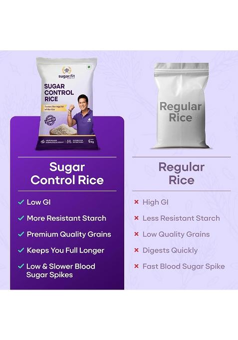 Sugar.Fit Sugar Control Rice – Sona Masoori | Lab-Tested Low Glycemic Whole Grain | 100% Natural, Pesticide-Free | Diabetes-Friendly, Supports Healthy Weight & Blood Sugar – 5 Kg (Pack Of 2)
