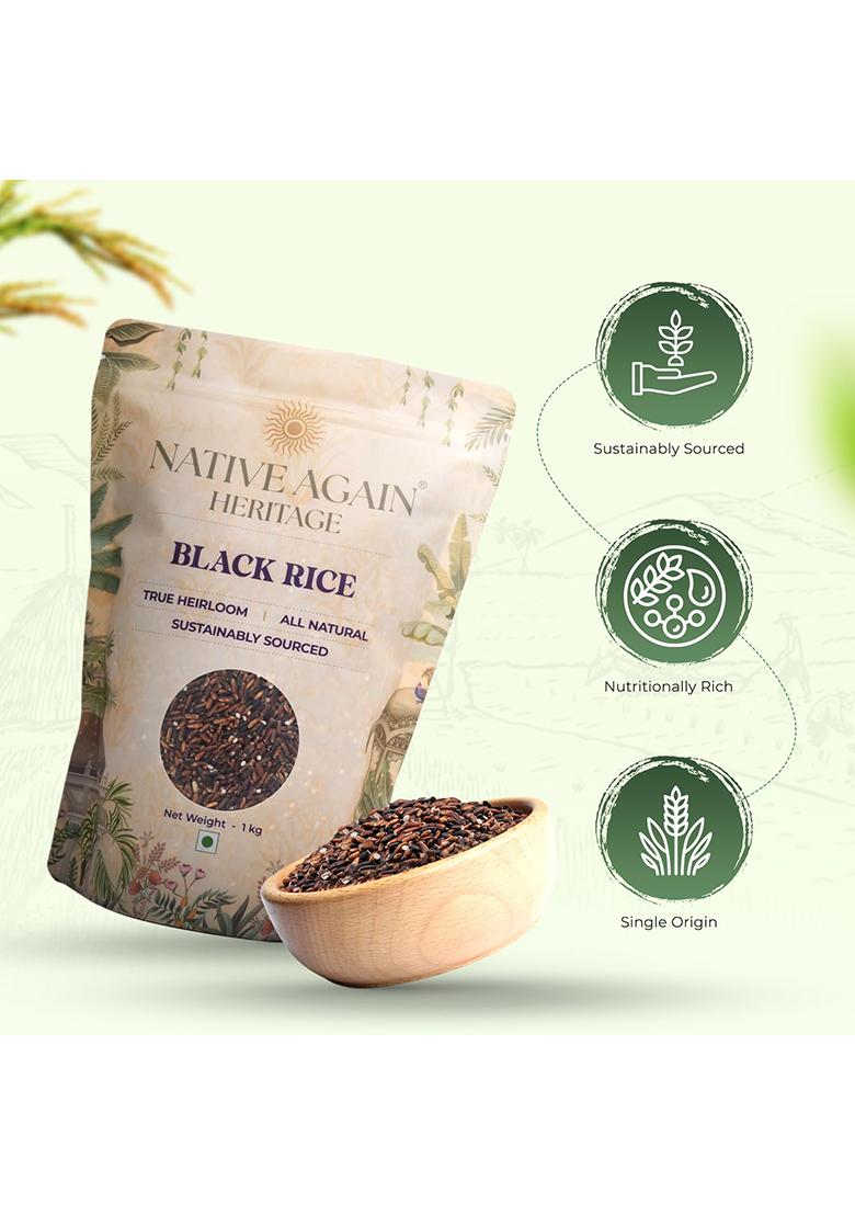 Native Again Black Rice – 1 Kg (Pack Of 1)| Unpolished Rice | Chemical & Pesticide Free | Heirloom Heritage Grain | Rich In Antioxidants & High Fiber | Gluten-Free Superfood For Healthy Meals | Best Organic Ancient Black Rice