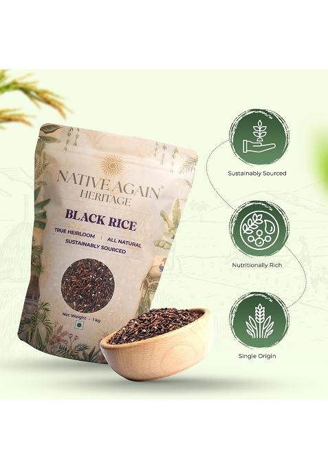 Native Again Black Rice – 1 Kg (Pack Of 1)| Unpolished Rice | Chemical & Pesticide Free | Heirloom Heritage Grain | Rich In Antioxidants & High Fiber | Gluten-Free Superfood For Healthy Meals | Best Organic Ancient Black Rice