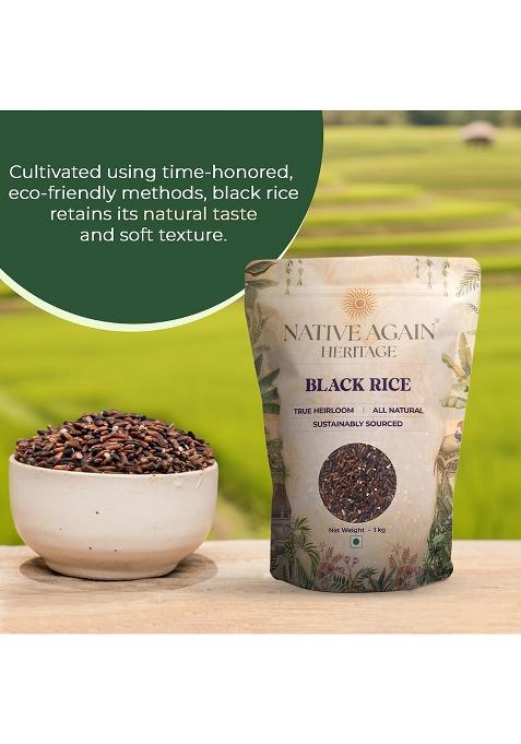 Native Again Black Rice – 1 Kg (Pack Of 1)| Unpolished Rice | Chemical & Pesticide Free | Heirloom Heritage Grain | Rich In Antioxidants & High Fiber | Gluten-Free Superfood For Healthy Meals | Best Organic Ancient Black Rice