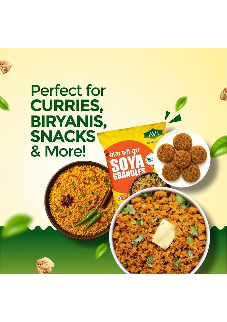 Avi Oils & Foods High-Protein Soya Granules | 100% Vegetarian Plant-Based Protein | Gluten Free Soya Mince-Granules Rich In Fiber & Nutrients | Ideal For Curry, Snacks & Salads | (1 Kg Pouch)