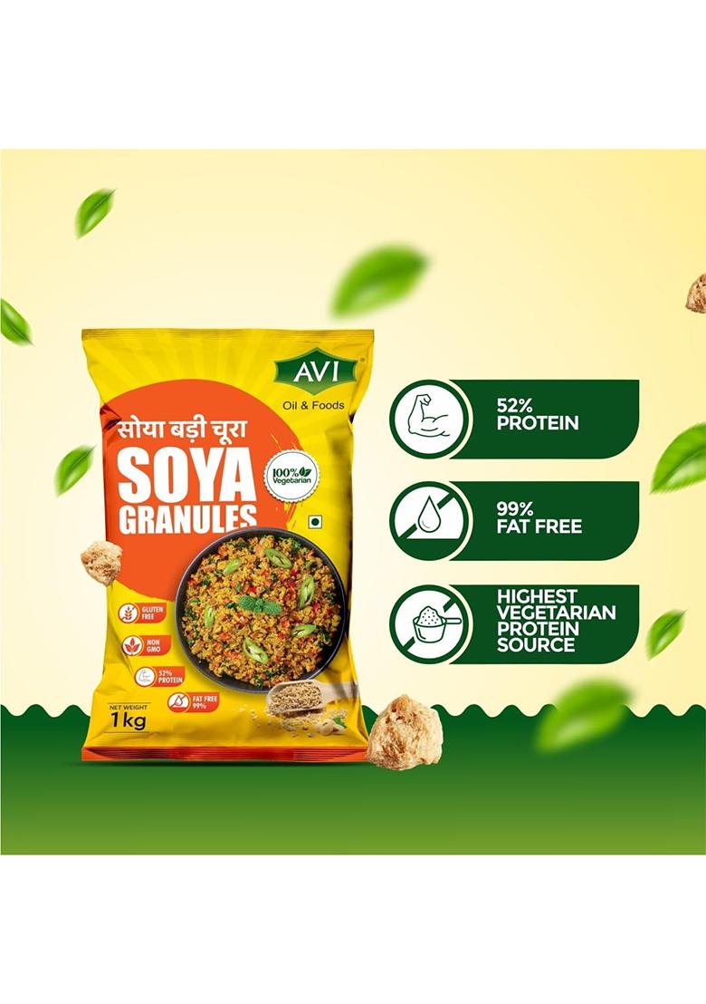 Avi Oils & Foods High-Protein Soya Granules | 100% Vegetarian Plant-Based Protein | Gluten Free Soya Mince-Granules Rich In Fiber & Nutrients | Ideal For Curry, Snacks & Salads | (1 Kg Pouch)