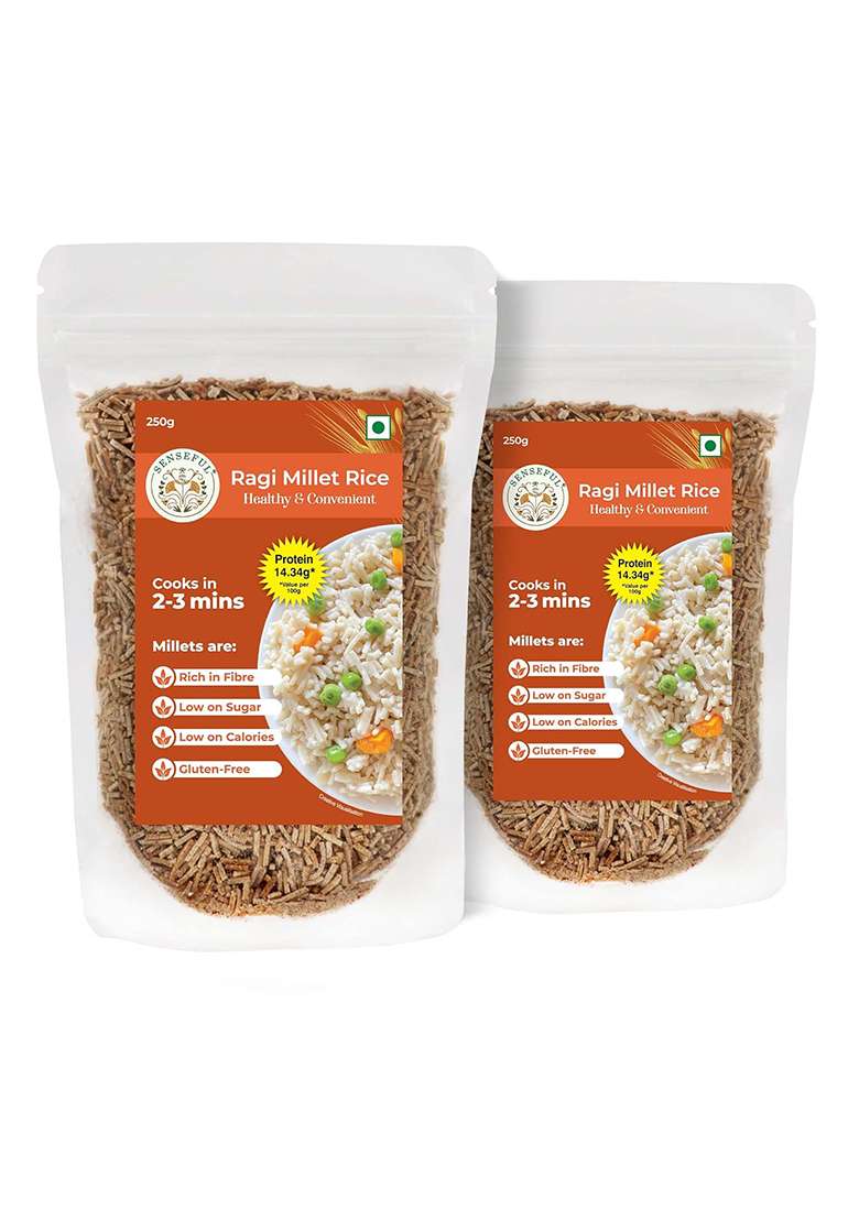 Senseful Ragi Millet Rice Pack Of 2 - Goodness Of Millets, Pre-Cooked (Steamed & Baked), Cooks In 2-3 Mins, High Protein, Millets Are Rich In Fibre & Low In Calories And Sugar- 250 Gm Each - Indya