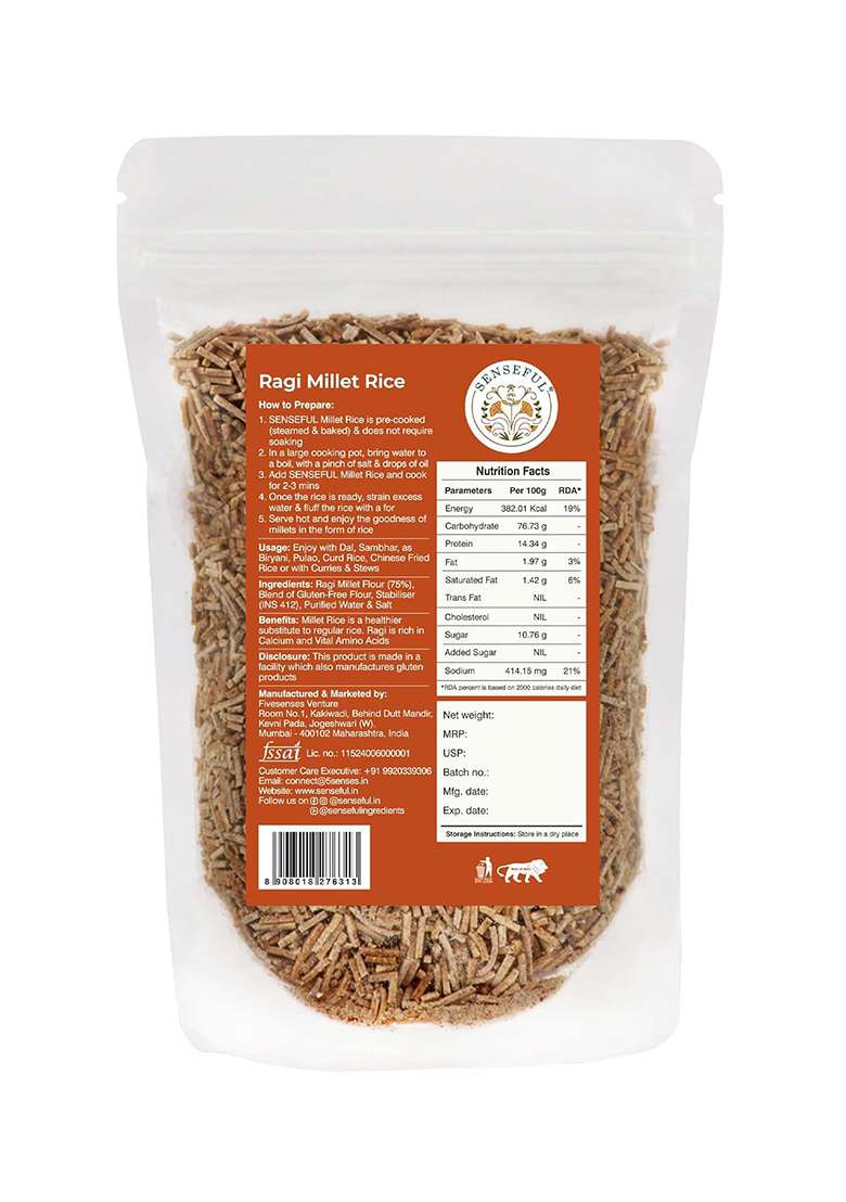 Senseful Ragi Millet Rice Pack Of 2 - Goodness Of Millets, Pre-Cooked (Steamed & Baked), Cooks In 2-3 Mins, High Protein, Millets Are Rich In Fibre & Low In Calories And Sugar- 250 Gm Each - Indya