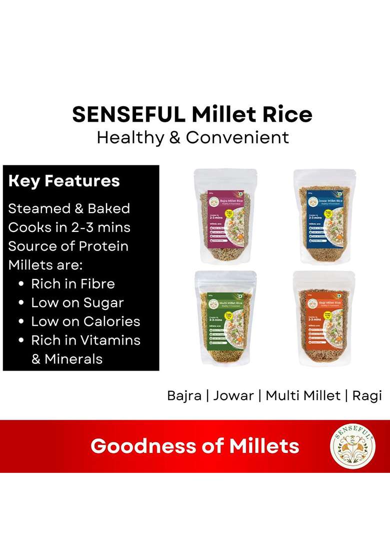 Senseful Ragi Millet Rice Pack Of 2 - Goodness Of Millets, Pre-Cooked (Steamed & Baked), Cooks In 2-3 Mins, High Protein, Millets Are Rich In Fibre & Low In Calories And Sugar- 250 Gm Each - Indya