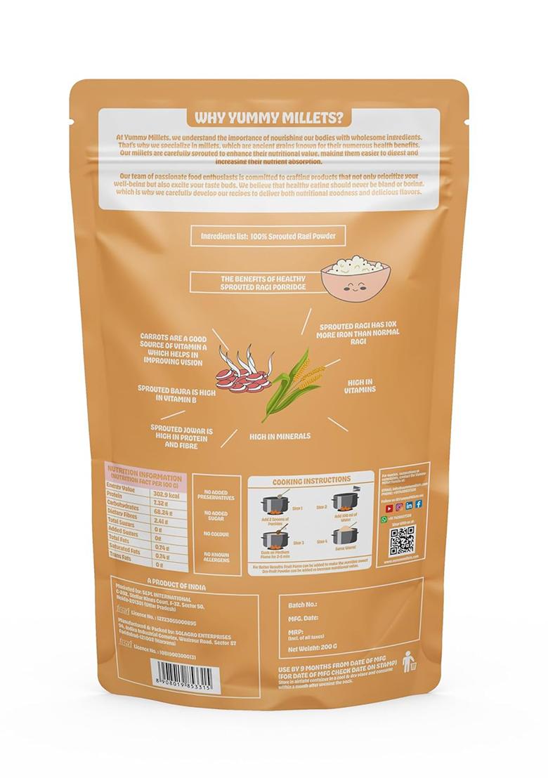 Yummy Millets Healthy Sprouted Ragi Porridge For Babies, Gluten-Free & Natural, No Sugar, High-Protein, Daliya For Toddlers & Kids, Sprouted Ragi Porridge Healthy Breakfast (200G Pack)