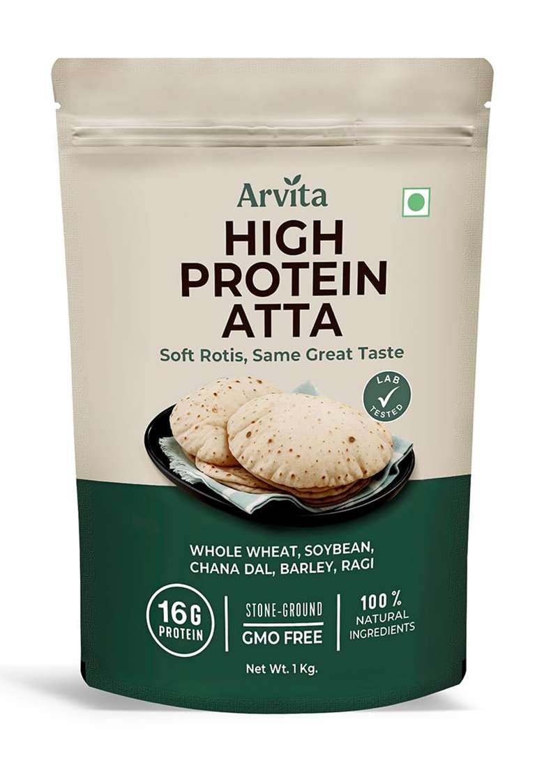 Arvita High Protein Whole Wheat Multigrain Atta | 2X More Protein Than Regular Atta | Helps Muscle Strength & Energy | 100% Natural Grains | Blend Of 5 Supergrains Whole Wheat, Soybean, Chana-Dal, Ragi & Barley | 1Kg Pack | Third Party Lab Tested - Indya