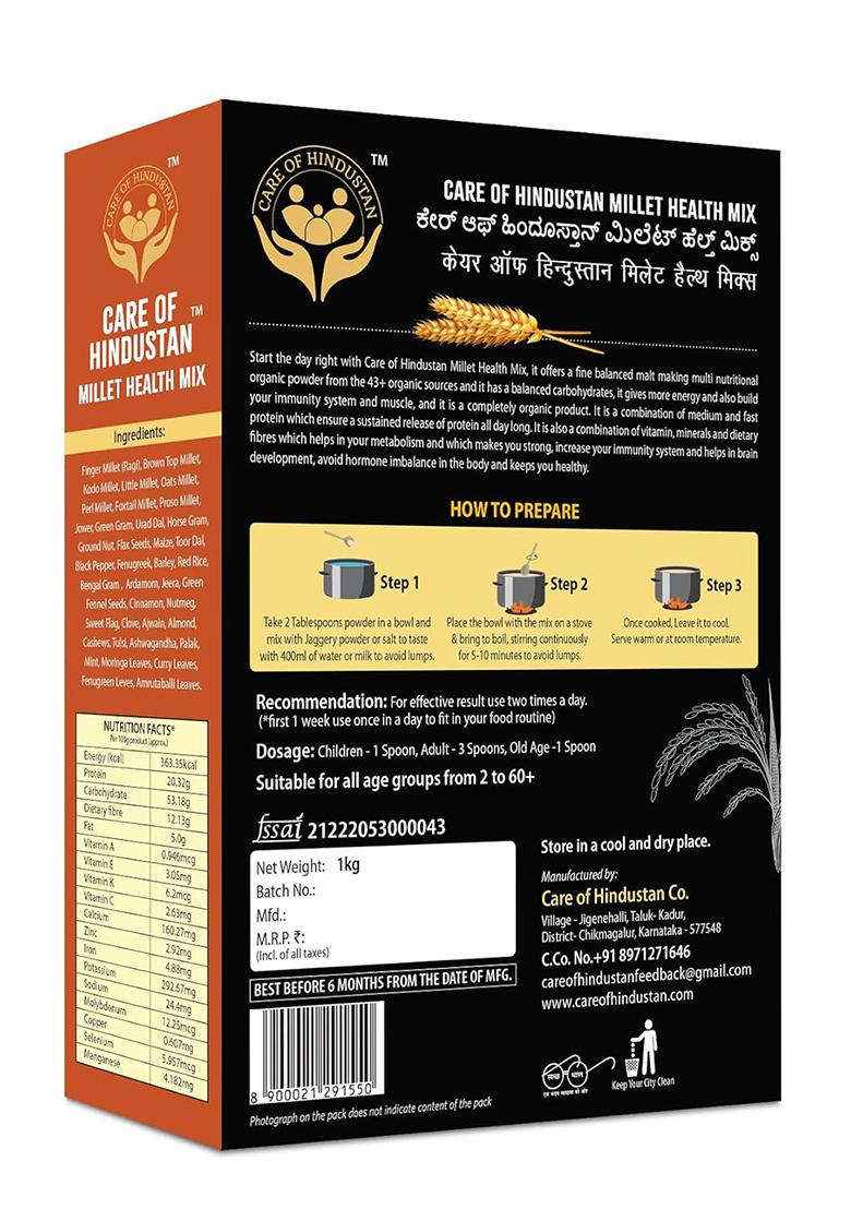 Care Of Hindustan Millet Health Mix, All Natural Millets, And Multi Grains, And Ayurvedic Herbs, Spices, Nuts. 100% Organic And Natural, High Proteins, High Vitamins, High Fibre. Pack Of 1Kg