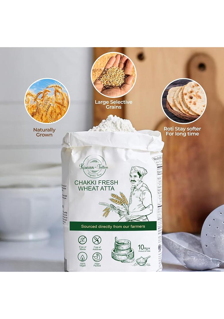 Kisaan Tattva Chakki Fresh Sharbati Wheat Atta 10Kg | Whole Wheat With Bran| Freshly Stone-Ground | No Maida |No Preservatives | Organic Soft Roti