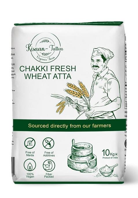 Kisaan Tattva Chakki Fresh Sharbati Wheat Atta 10Kg | Whole Wheat With Bran| Freshly Stone-Ground | No Maida |No Preservatives | Organic Soft Roti