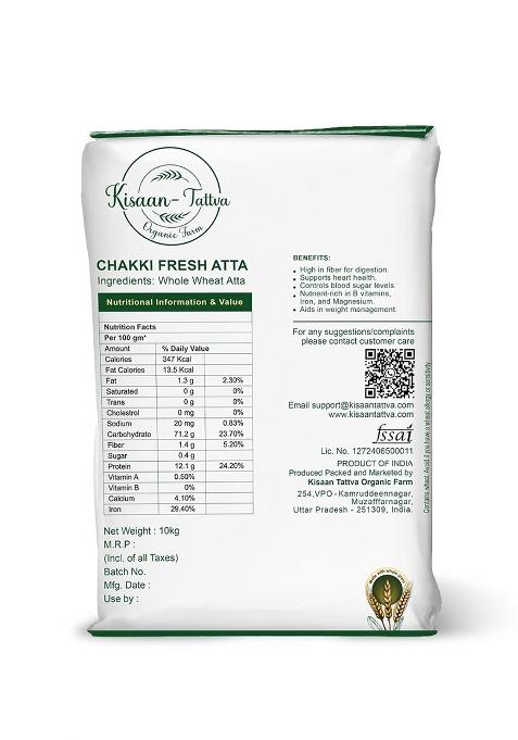 Kisaan Tattva Chakki Fresh Sharbati Wheat Atta 10Kg | Whole Wheat With Bran| Freshly Stone-Ground | No Maida |No Preservatives | Organic Soft Roti