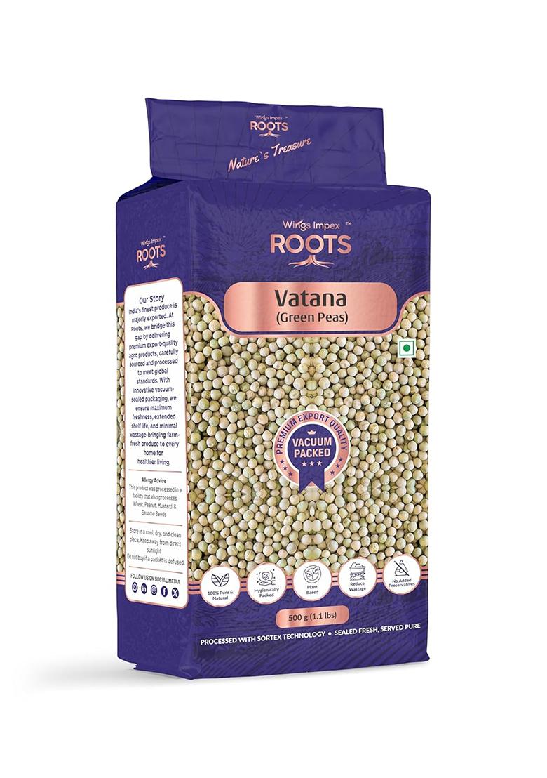 Roots Vatana Green Peas 500G | Premium Dried Green Peas | Protein & Fiber Rich Pulses | Hygienically Vacuum Packed | Unpolished | Natural & Preservative Free | Farm Fresh Quality
