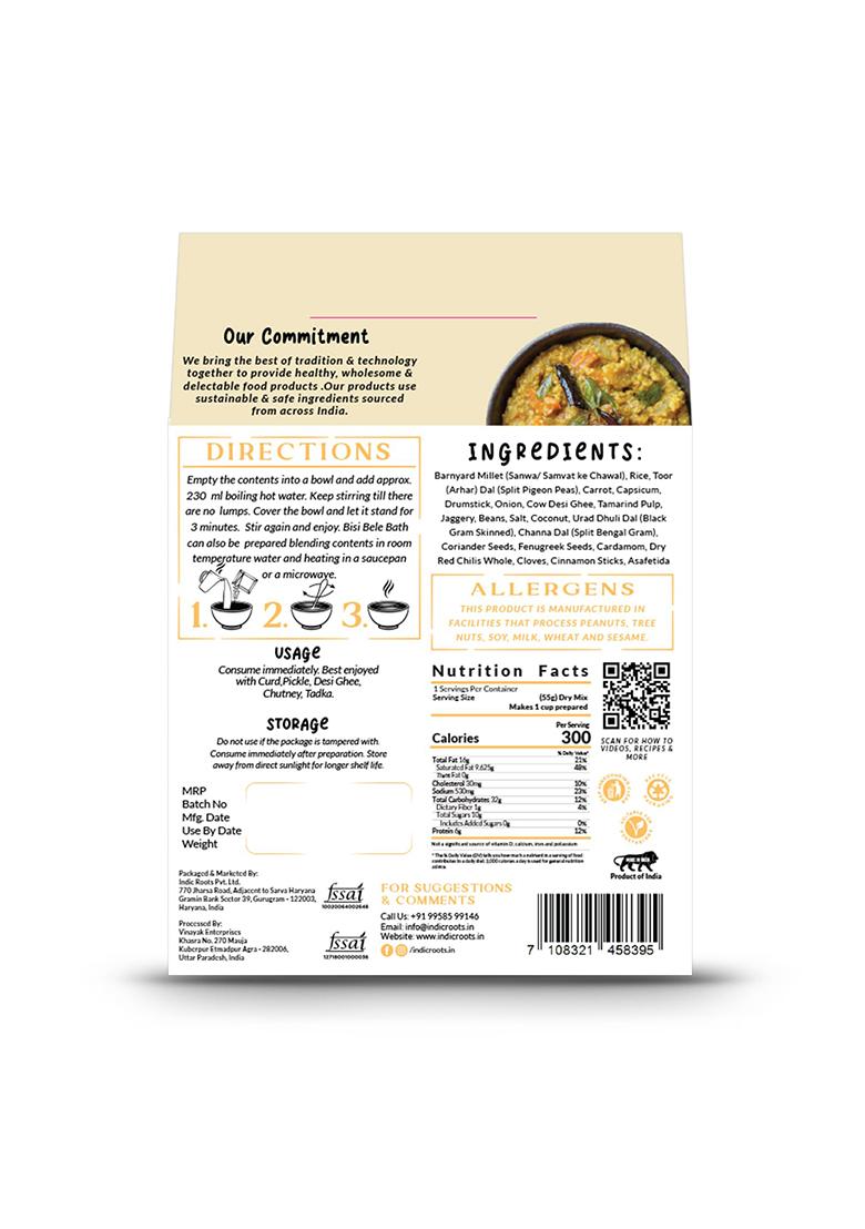 Organic Roots Bisi Bele Bath With Barnyard Millets, Instant Food, Healthy Food, Ready To Eat Full Meal, No Msg, No Preservatives, 55 Gm (Pack Of 1)