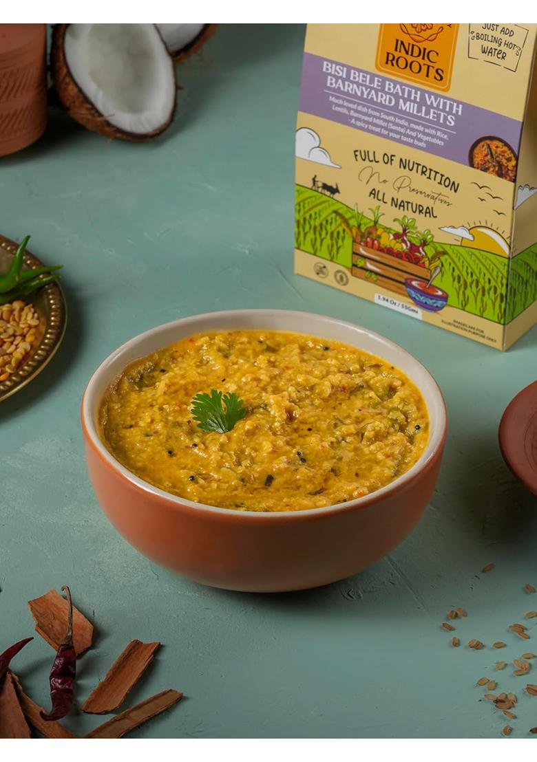 Organic Roots Bisi Bele Bath With Barnyard Millets, Instant Food, Healthy Food, Ready To Eat Full Meal, No Msg, No Preservatives, 55 Gm (Pack Of 1)