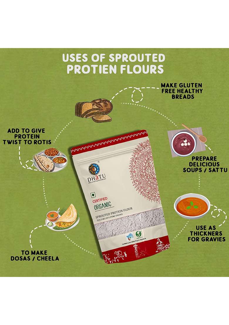 Dhatu Organics Sprouted Moong Flour 250G | Ready To Mix For Dosa/Chilla | 100% Cold Milled Using German Technology | Low G-I | Gluten-Free | 22G Protein Per 100G* - Indya