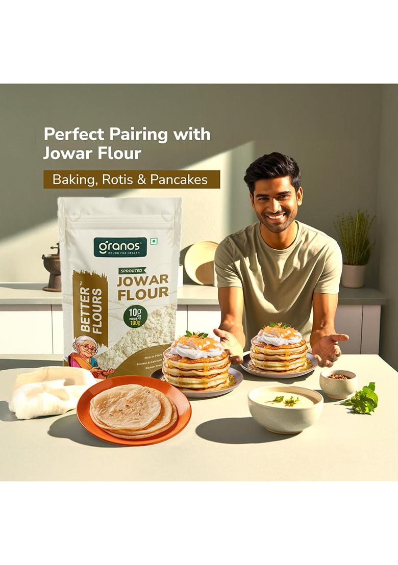 Granos Sprouted Jowar Flour 900G, Sorghum / Jowar Atta Pouch, High In Protein & Fiber, Gluten Free, Ideal For Rotis, Dosa, Baking, Help In Weight Loss, Diabetics, Gut Health, 100% Whole Grain (Pack Of 1)