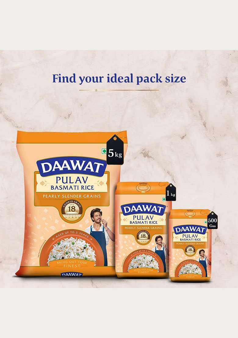 Daawat Pulav Basmati Rice 1Kg| Pearly Slender Grains| Cooked Grain Upto 18Mm*| Long & Fluffy Pulav Rice - Indya