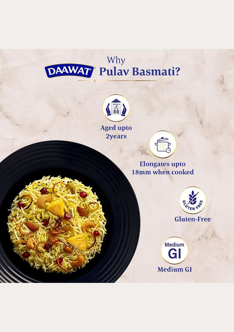 Daawat Pulav Basmati Rice 1Kg| Pearly Slender Grains| Cooked Grain Upto 18Mm*| Long & Fluffy Pulav Rice - Indya