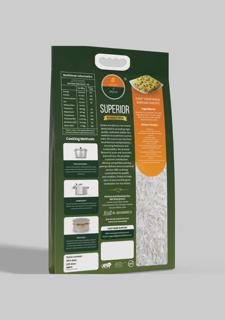 Grains Of India Superior Basmati Rice, Long Grain, Natural Aroma, Unpolished, 5Kg