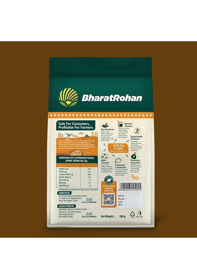 Bharatrohan Guna Toor Dal | Unpolished Pigeon Pea | Chemical Residue Free | Drone Monitored | 500G Pack