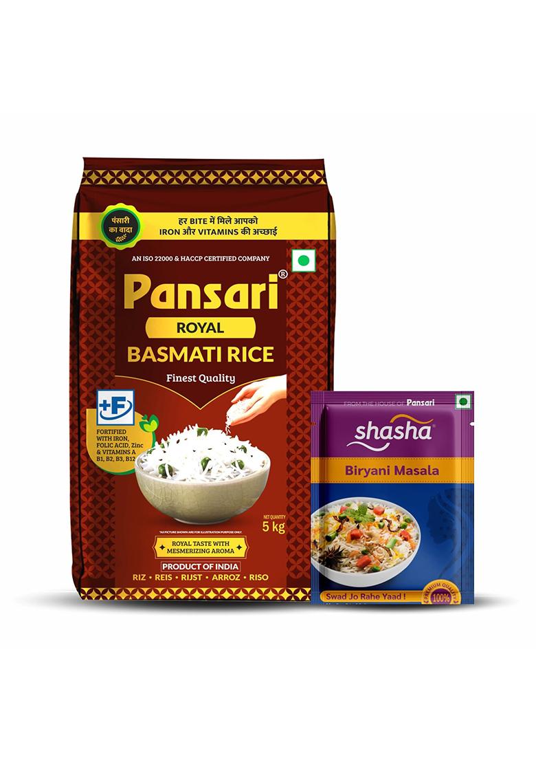 Pansari Royal Basmati Rice,5Kg Great Taste And Mesmerizing Aroma | Long Grain, Naturally Aged(2-Years) With Fortified | Basmati Rice, Biryani Rice, Pulao Rice
