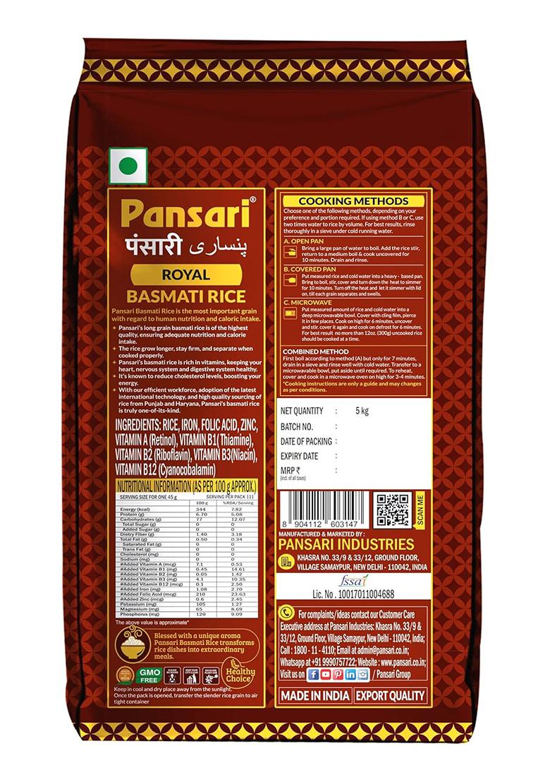 Pansari Royal Basmati Rice,5Kg Great Taste And Mesmerizing Aroma | Long Grain, Naturally Aged(2-Years) With Fortified | Basmati Rice, Biryani Rice, Pulao Rice
