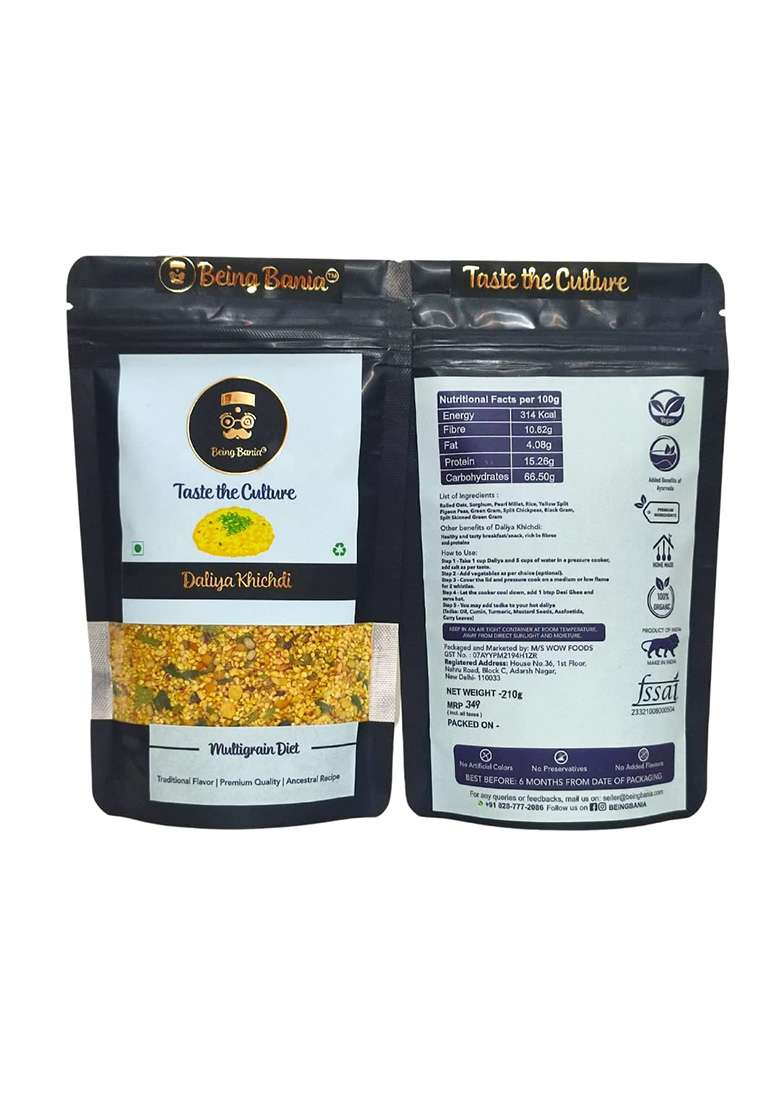 Being Bania Premium Multigrain Daliya, 210G | 100% Natural | High Fiber With Rolled Oats And 8+ Grains | Healthy Dalia Khichdi | Diet Food For Healthy Life (Pack Of 2) - Indya