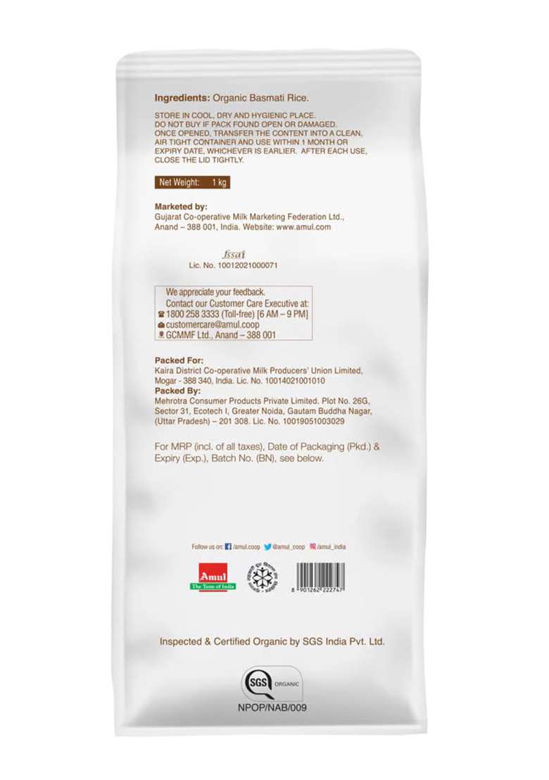 Amul Organic Basmati Rice Pouch 1Kg | Fluffy Long Grains | Perfect For Pulao, Biryani And Fried Rice | For Everyday Consumption - Indya