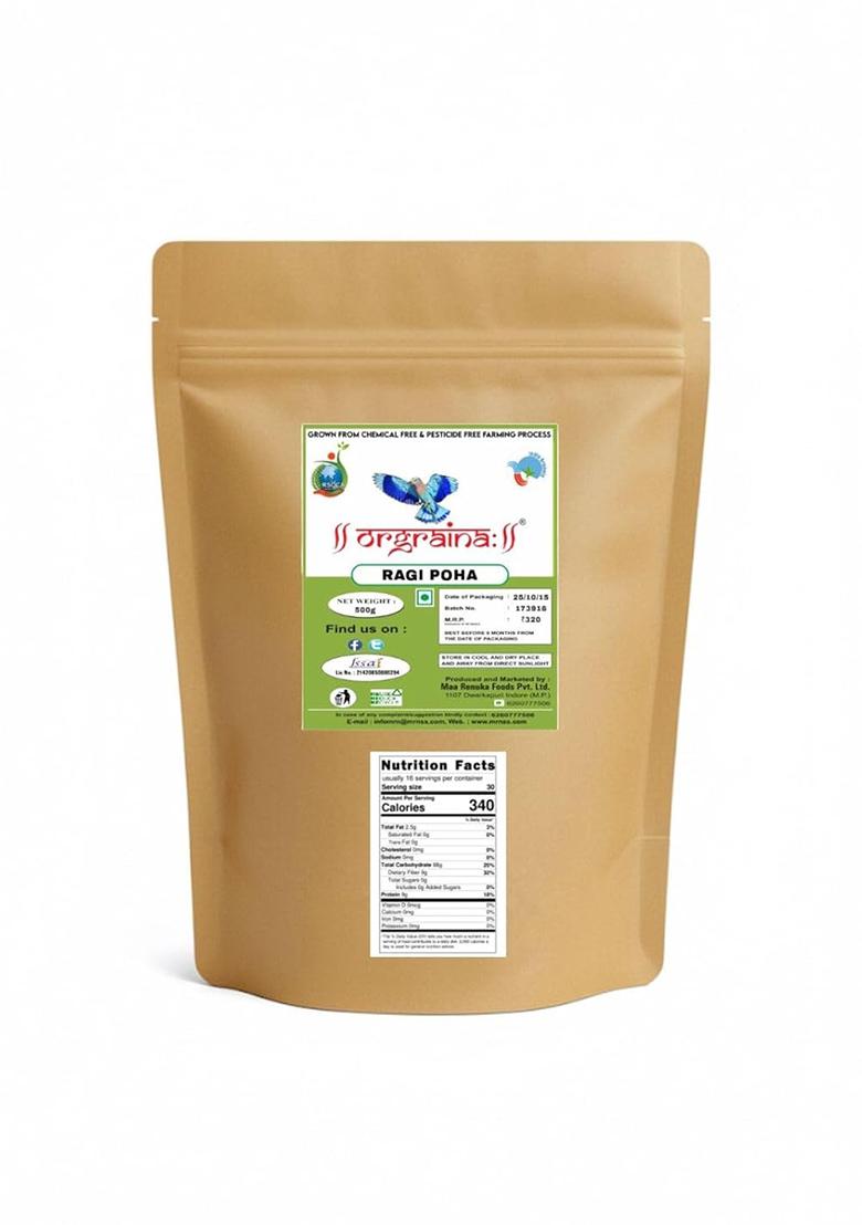 Orgraina Ragi Poha / Ragi Flakes 1 Kg (2 Packs Of 500 Gms) | Rich In Iron And High Protein | Best Choice For Making Poha And Health Snack Recipes | Millet Flakes For A Healthy And Nutritious Breakfast | Fssai Certified