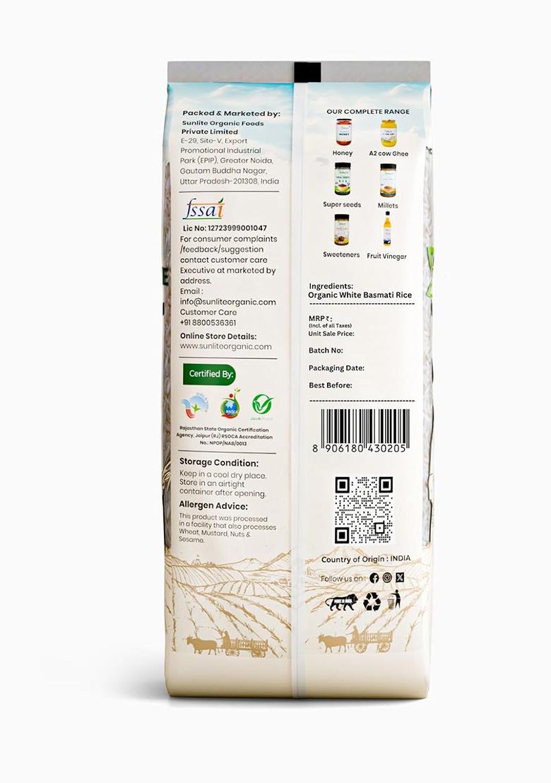 Sunlite Organic White Basmati Rice 1 Kg I 100% Vegan, Traditional Basmati Rice With Natural Aroma I Certified Organic Rice I Non-Gmo, Pesticide And Chemical Free I Source Of Protein (Pack Of 1)