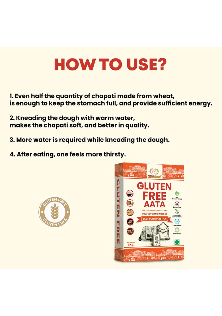 Mobilechakki Gluten Free Flour Atta 1Kg | Multigrain Wheat Free Atta | Low Glycemic Index-20 Atta | Best Atta For Diabetics | Certified Wheat Free Flour | Chapatti Flour 1000G | Celiac, 0 Gluten, High Fiber & Protein (1Kg Pack Of-1)