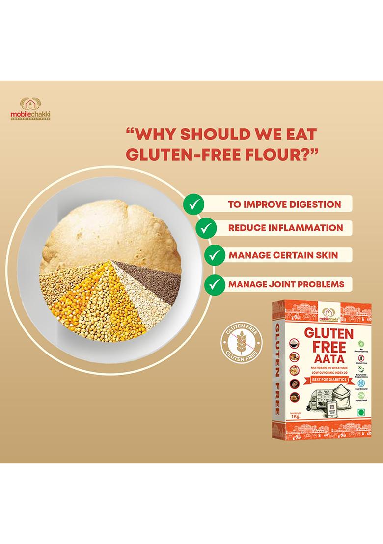 Mobilechakki Gluten Free Flour Atta 1Kg | Multigrain Wheat Free Atta | Low Glycemic Index-20 Atta | Best Atta For Diabetics | Certified Wheat Free Flour | Chapatti Flour 1000G | Celiac, 0 Gluten, High Fiber & Protein (1Kg Pack Of-1)