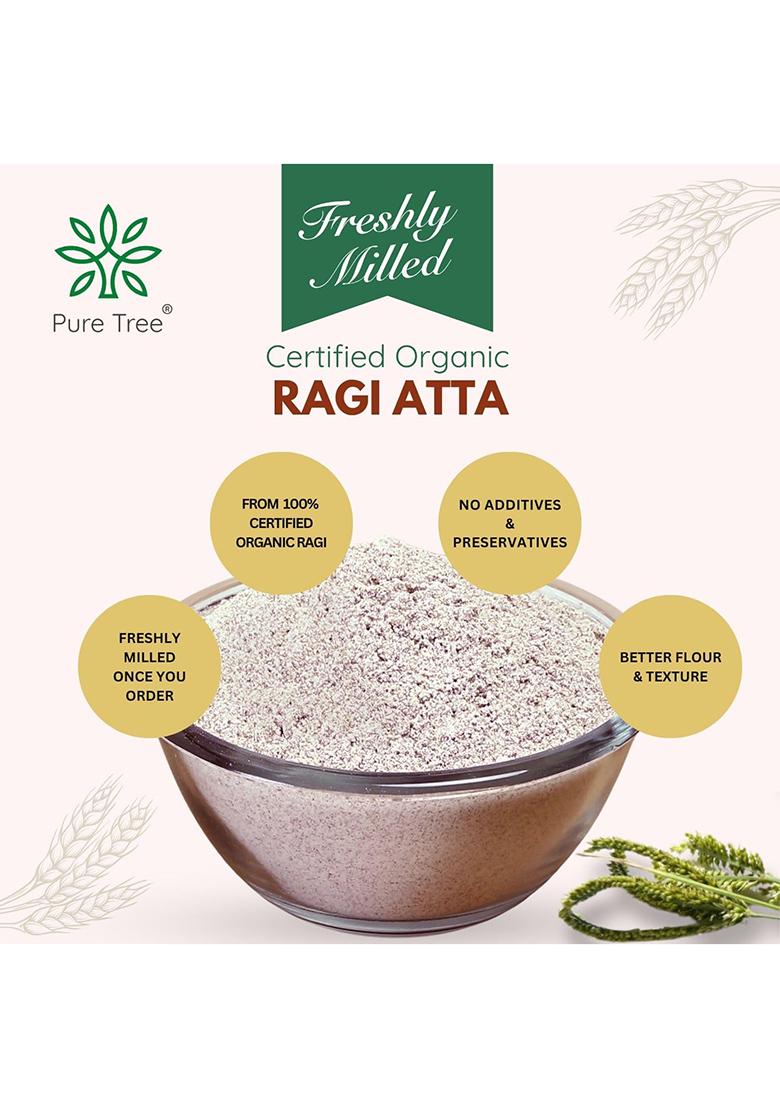 Pure Tree Certified Organic Freshly Milled Ragi Flour Finger Millet | 1.8 Kg / 1800 G | Finger Millet | Nachni | Nagli | Ragi Millet Gluten-Free | Bavto | Red Finger Millet | Ragi Whole Grain