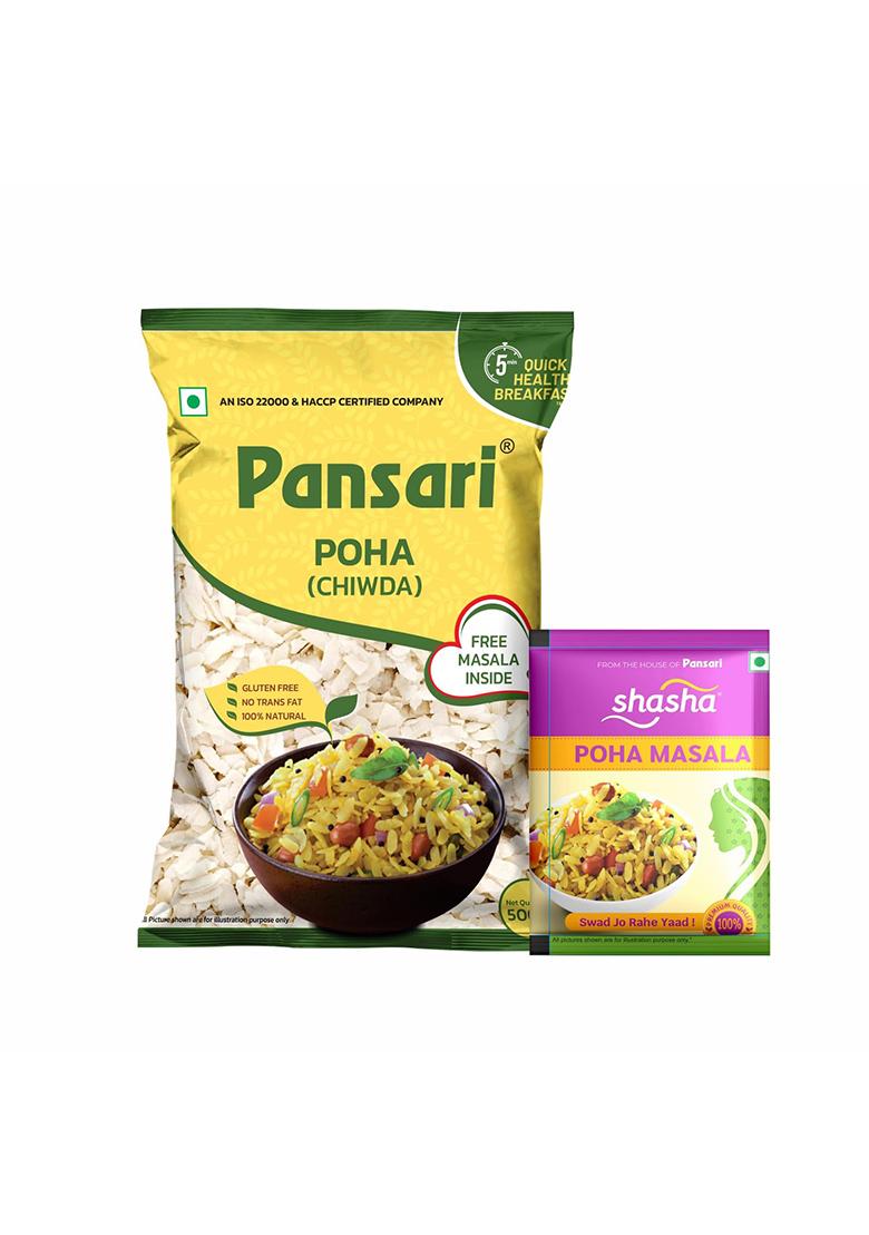 Pansari Thick Poha With Free Poha Masala – Ready To Cook Chiwda | Traditional Indian Breakfast | 500G (Pack Of 1)