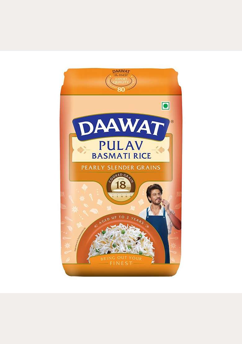 Daawat Pulav Basmati Rice 1Kg| Pearly Slender Grains| Cooked Grain Upto 18Mm*| Long & Fluffy Pulav Rice - Indya