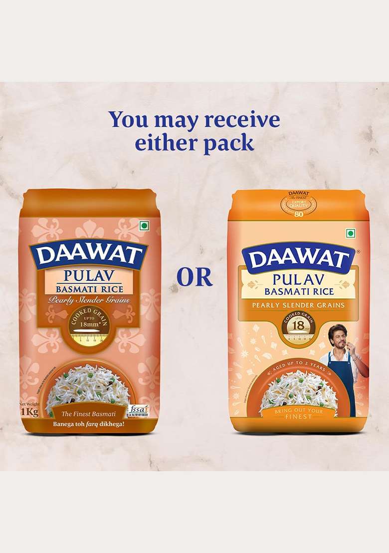 Daawat Pulav Basmati Rice 1Kg| Pearly Slender Grains| Cooked Grain Upto 18Mm*| Long & Fluffy Pulav Rice - Indya
