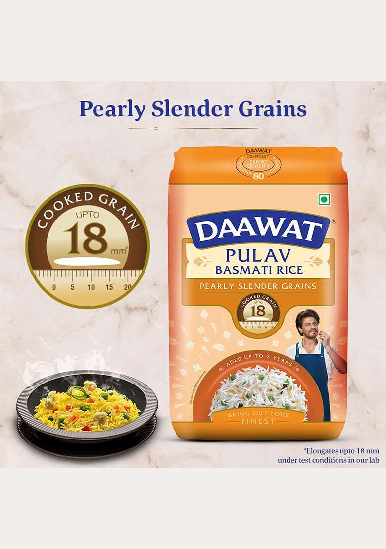 Daawat Pulav Basmati Rice 1Kg| Pearly Slender Grains| Cooked Grain Upto 18Mm*| Long & Fluffy Pulav Rice - Indya