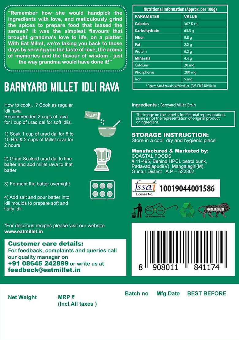 Eat Millet Barnyard Idli Rava 400Gms Pack Of 2 - Indya