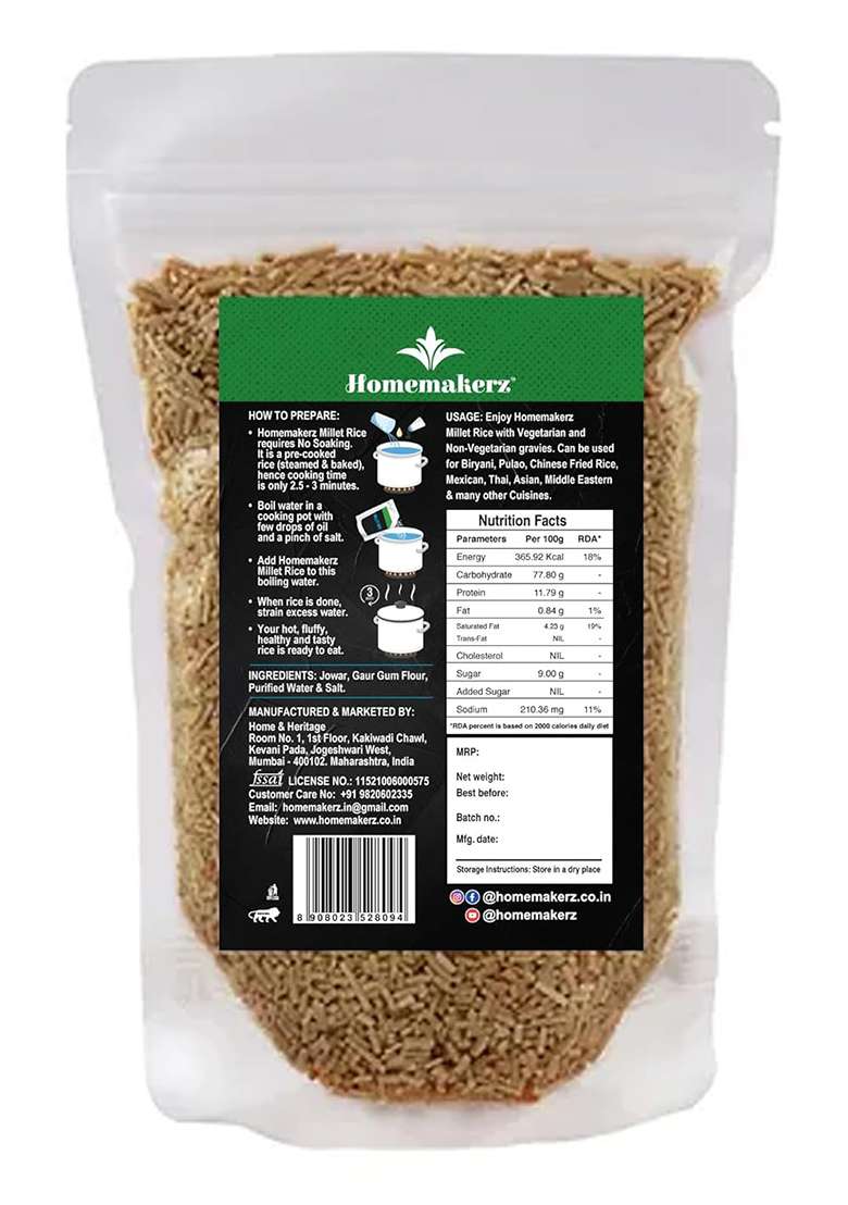 Homemakerz Jowar Millet Rice | Rich In Dietary Fiber | High In Protein | Ready In 3 Mins - 250 Gm - Indya
