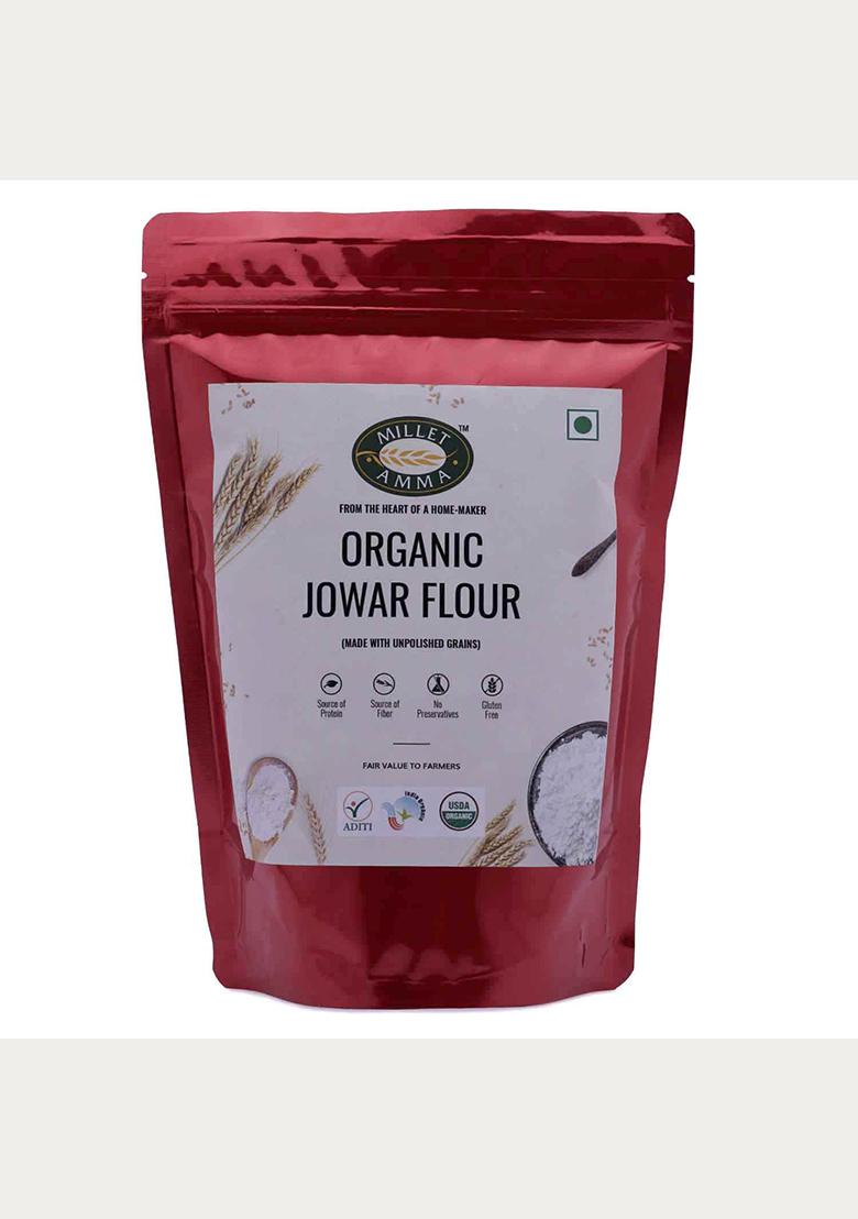 Millet Amma Certified Organic Jowar Millet Flour | 2 Kg (500Gms X 4 Packs) | Made With Unpolished Millet | (Sorghum , Jonna , Jola , Cholam ) | Healthy & High Fiber , Gluten Free | Suitable For Multiple Millet Recipes ( Roti , Cake)