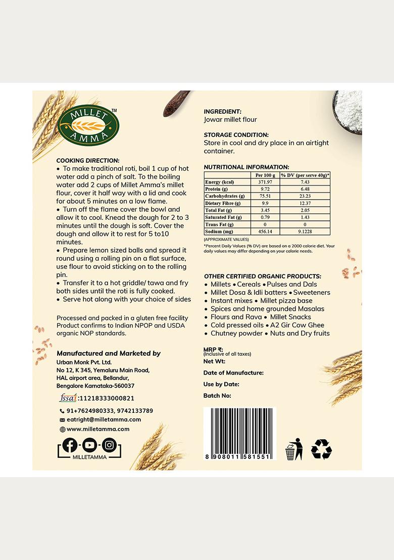 Millet Amma Certified Organic Jowar Millet Flour | 2 Kg (500Gms X 4 Packs) | Made With Unpolished Millet | (Sorghum , Jonna , Jola , Cholam ) | Healthy & High Fiber , Gluten Free | Suitable For Multiple Millet Recipes ( Roti , Cake)