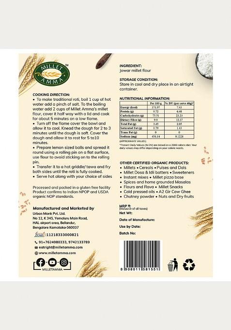 Millet Amma Certified Organic Jowar Millet Flour | 2 Kg (500Gms X 4 Packs) | Made With Unpolished Millet | (Sorghum , Jonna , Jola , Cholam ) | Healthy & High Fiber , Gluten Free | Suitable For Multiple Millet Recipes ( Roti , Cake)