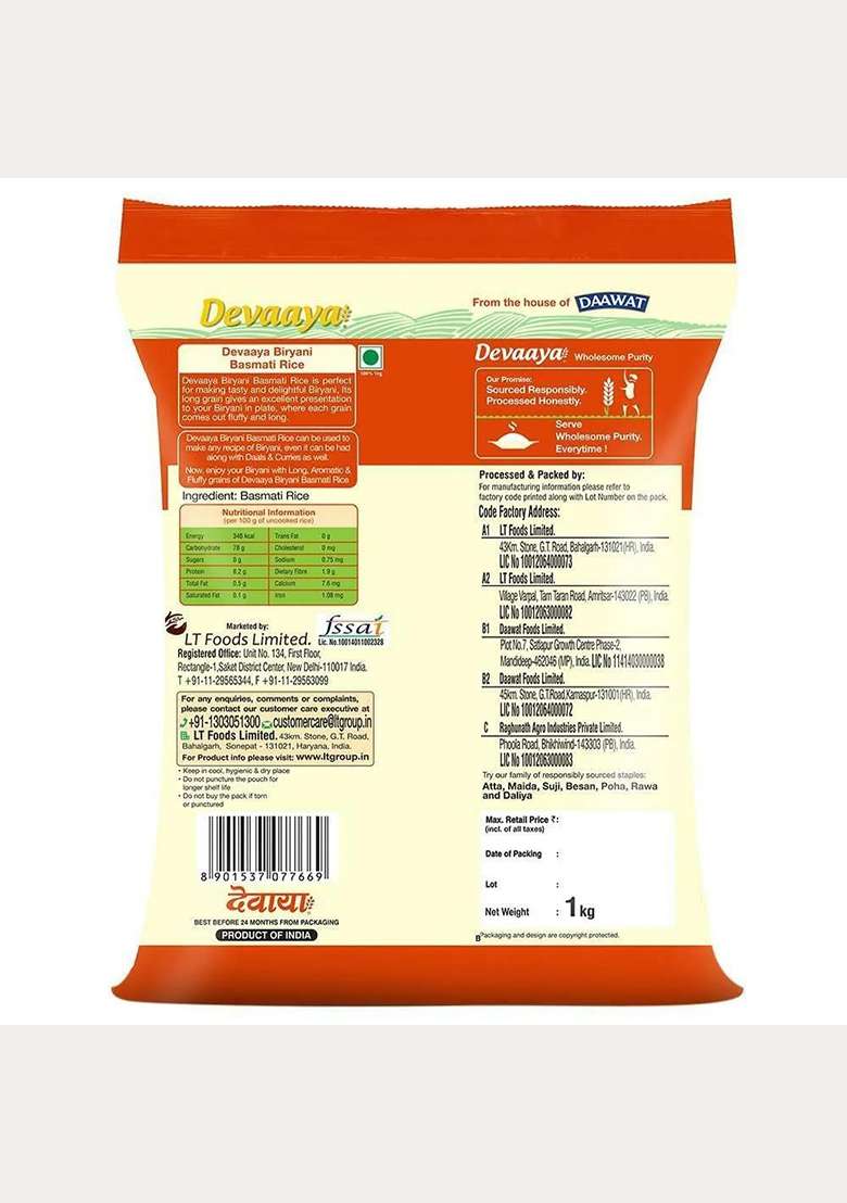 Daawat Devaaya Biryani Basmati Rice, 1 Kg Pouch - Indya
