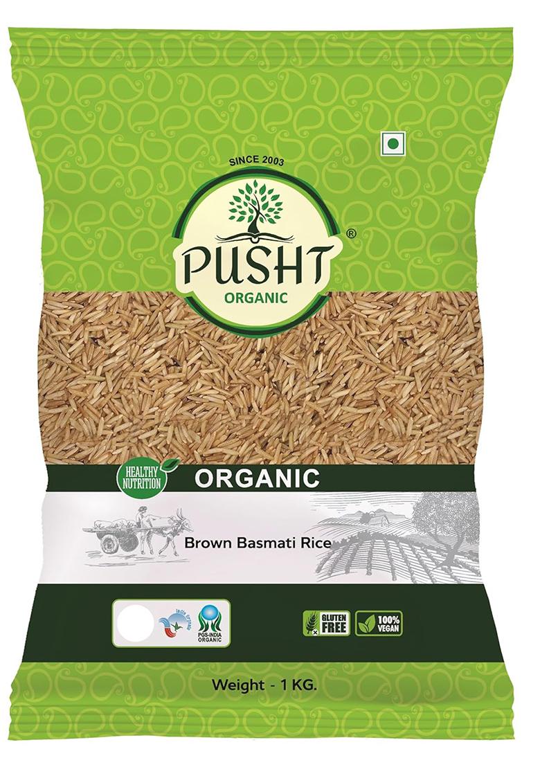 Pusht Organic Brown Basmati Rice | Long-Grain & Aromatic | High In Fibre & Low Gi | Unpolished & Gluten-Free | 1Kg