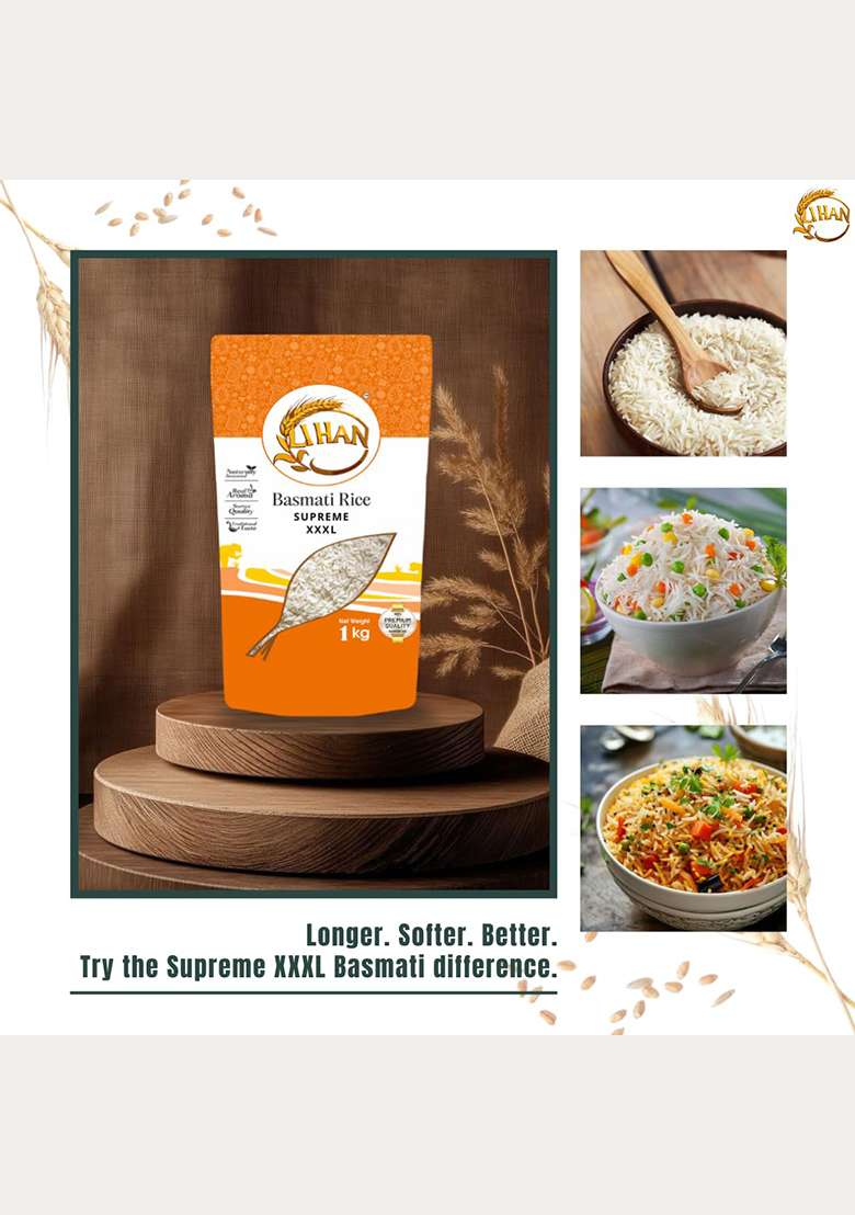 Lihan Supreme Xxxl Basmati Rice, 1Kg – Premium Aged Long Grain, Extra Long, Fluffy & Aromatic | Ideal For Biryani, Pulao & Daily Meals 1Kg (Pack Of 1) - Indya
