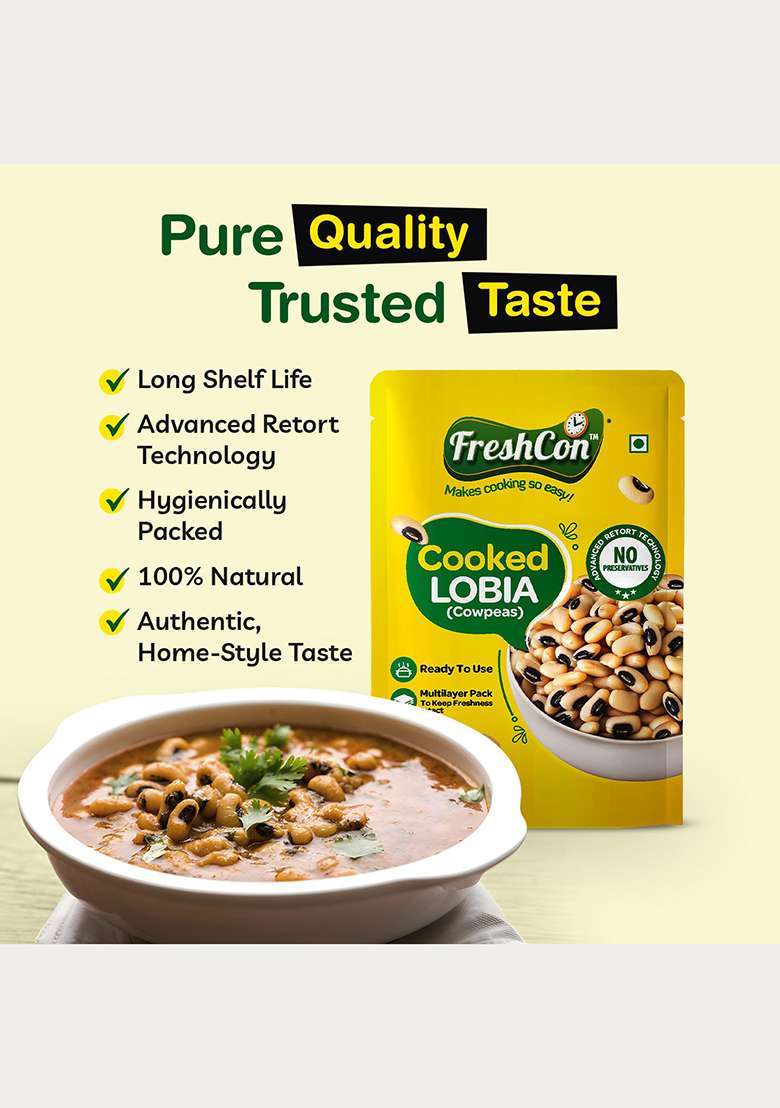 Freshcon Cooked Lobia | Cooked Chawali | Ready To Eat Black Eyed Beans | High Protein | No Preservatives | 4 Packs - Indya