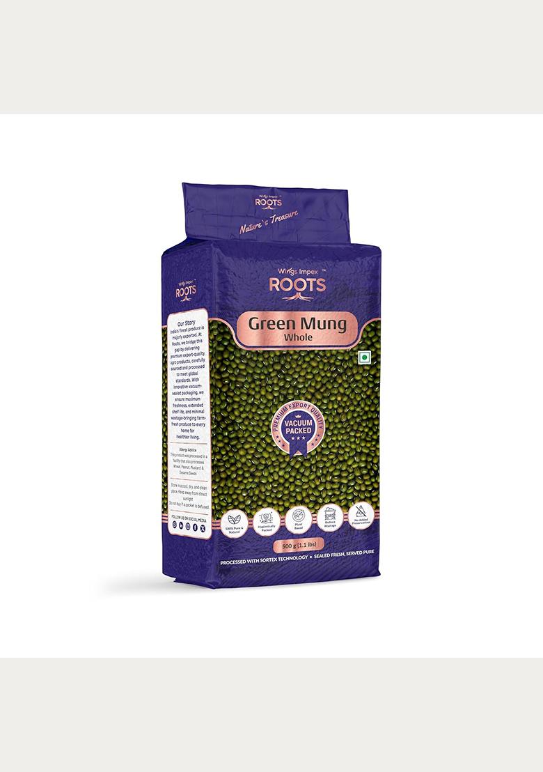 Roots Green Mung Whole 500 Gm | Premium Export Quality | Unpolished | Pesticide-Free | Preservative-Free | 100% Pure & Natural | Hygienically Vacuum Packed