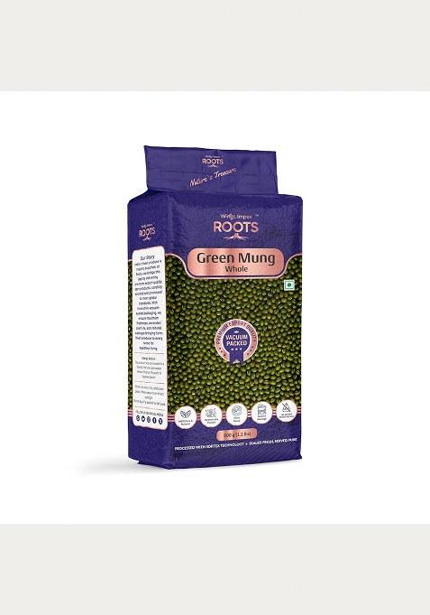 Roots Green Mung Whole 500 Gm | Premium Export Quality | Unpolished | Pesticide-Free | Preservative-Free | 100% Pure & Natural | Hygienically Vacuum Packed
